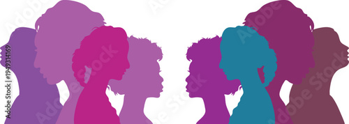 Colorful women diversity icon set portraits collection representing female empowerment, equality, community and multicultural identity in modern artistic style.