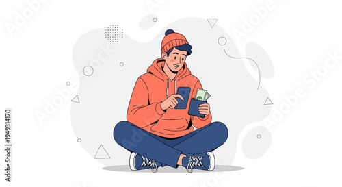 Young Man Sitting Cross-legged, Holding Wallet with Cash, Casual Style