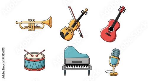 Musical instruments collection on white