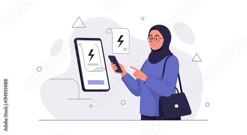 Muslim Woman Using Smartphone for Electricity Bill Payment Online