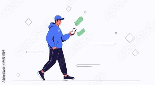 Man with smartphone and falling money, concept of online earnings and financial success