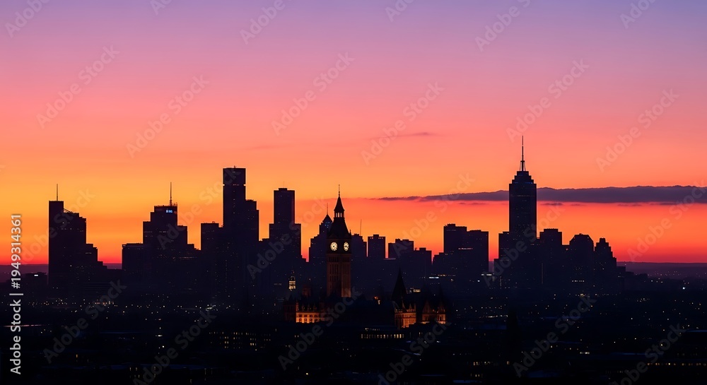 Fototapeta premium Silhouetted cityscape against vibrant sunset, featuring iconic architecture
