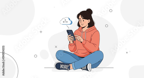 Young woman using smartphone with cloud upload icon, enjoying digital connection and online services