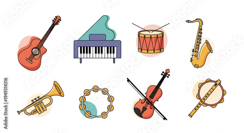 Musical instruments collection on white