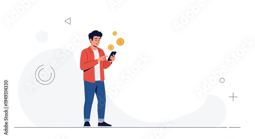 Man using smartphone for online banking with coins flying out, digital finance concept