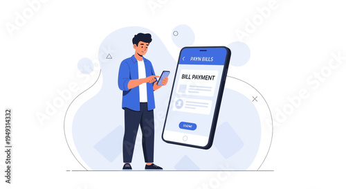 Man using smartphone for online bill payment, digital banking concept