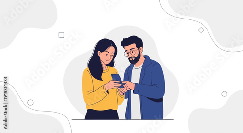 Couple looking at smartphone together, modern illustration, flat design, technology concept