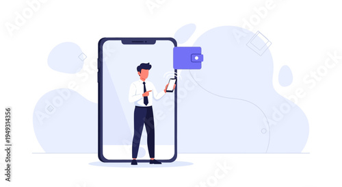 Man with Smartphone and Digital Wallet on Screen, Mobile Payment Concept