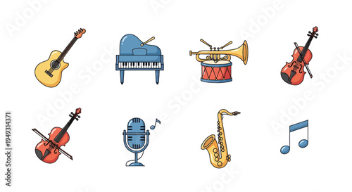 Musical instruments collection on white
