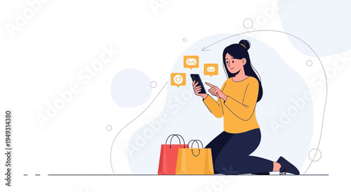 Woman using smartphone with shopping bags, online shopping and notifications concept