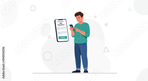 Man Paying Bills Online Using Mobile App, Digital Payment Concept