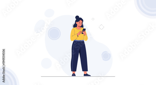 Young Woman Using Smartphone, Modern Flat Illustration, Digital Communication Concept