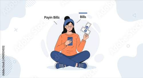 Woman paying bills online using smartphone, sitting cross-legged with money