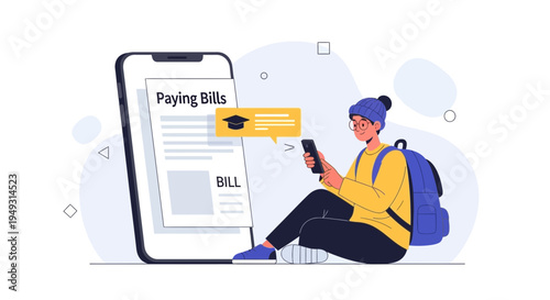 Student paying bills online via mobile app, education finance concept
