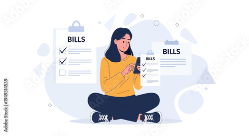 Woman managing bills on phone, checklist, financial planning, home budget concept