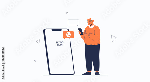 Man Pays Bills Online Using Smartphone App, Digital Finance Concept