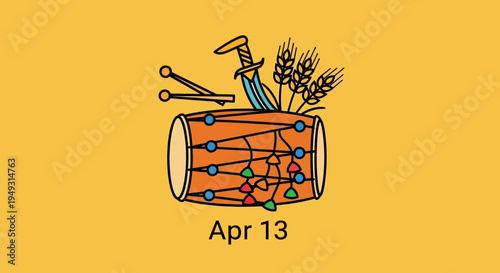 Traditional dhol drum with sword and wheat stalks, line art, isolated on transparent background