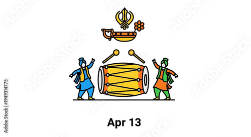 Sikh men in traditional attire playing dhol drum with Khanda symbol above, isolated on transparent background