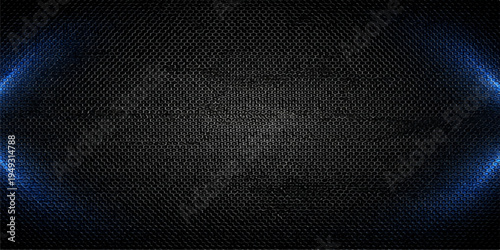 Abstract dark background featuring a metallic hexagonal mesh pattern with glowing blue accents