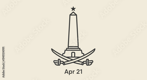 Line art monument with crossed swords and star, dated Apr 21, isolated on transparent background