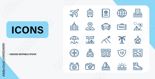 Travel Icons: A collection of travel-related icons, perfect for representing diverse aspects of journeys, including transport, accommodation, and exploration. 