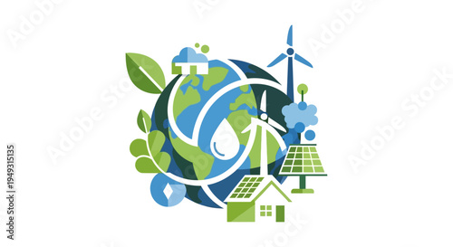 Global Sustainable Energy and Environment Concept with Renewable Power, Eco-Friendly Living, and Nature Protection Illustration
