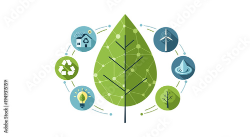 Sustainable Living Concept: Green Leaf Network Connecting Renewable Energy, Recycling, and Environmental Protection Icons