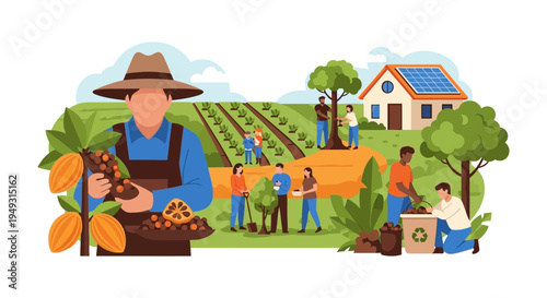 Sustainable Agriculture: Community Harvesting Cocoa and Crops on Eco-Friendly Farm with Solar House