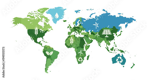 Sustainable World Map: Global Resources, Green Energy & Environmental Protection Icons