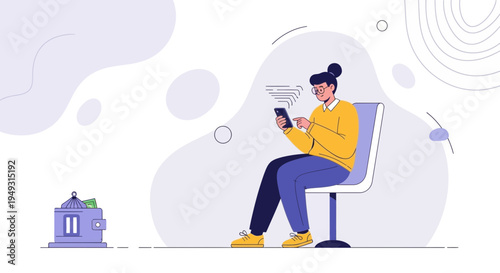 Woman using smartphone near wallet with money, digital finance concept