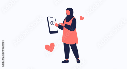 Muslim Woman Using Smartphone with Hearts, Online Shopping, Social Media, Love Concept
