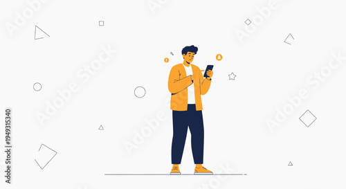 Man using smartphone, surrounded by abstract shapes and icons, modern flat design