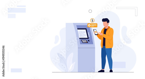 Man using smartphone at ATM for contactless payment and banking transaction