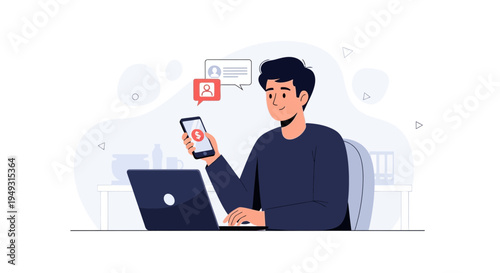 Man using smartphone and laptop, notifications and messages on screen, remote work concept