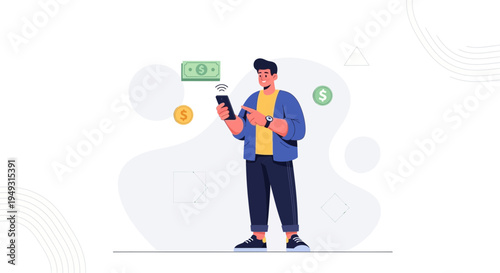 Man using smartphone for online payment, money and coins floating around