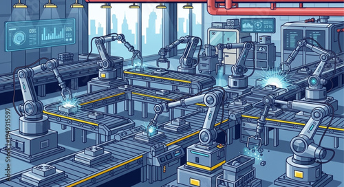 Automated Robotic Assembly Line in a Modern Factory Setting.