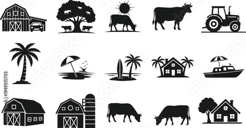 Farm and countryside silhouettes vector set, barn tractor cows trees and rural landscape icons collection, agriculture village elements illustration
