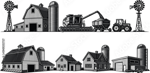 Farm buildings and agricultural machinery vector illustration, barn silo tractor and combine harvester rural countryside landscape collection