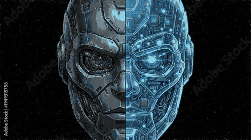 Robotic face mask split down the middle with human and machine sides futuristic cyborg concept with glowing blue circuits on a dark