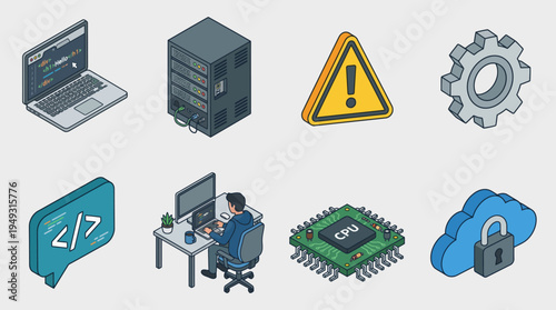 Computing Information Technology Vector Illustration Set Featuring Laptop Coding, Server Rack, Cybersecurity Warning, Gear Settings, Web Development, Cloud Security, IT Professional, Microchip 