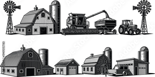 Farm buildings and agricultural machinery vector illustration, barn silo windmill tractor and combine harvester rural countryside farming collection
