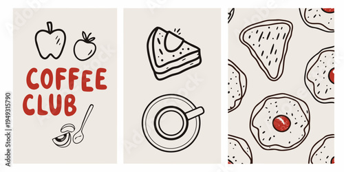 Coffee club themed illustrations featuring fruit cake and breakfast items