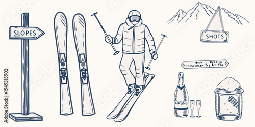 Sketch of a skier with equipment and mountain scenery elements