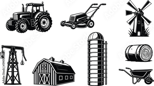 Farm equipment and rural agriculture icons vector set, tractor barn windmill silo hay bale and wheelbarrow farming symbols illustration