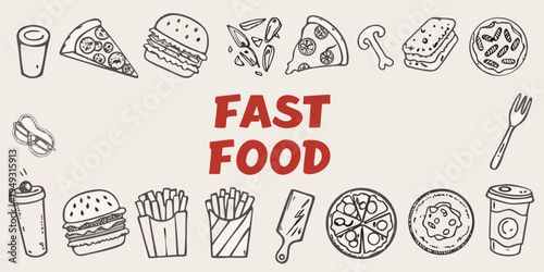 A colorful doodle illustration featuring various types of fast food items