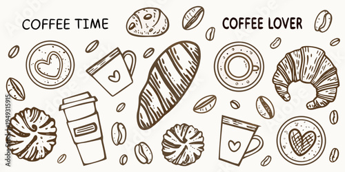 A hand drawn collection of coffee pastries and beans in brown tones