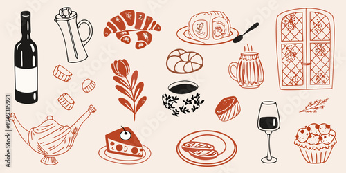 A collection of hand drawn breakfast and pastry illustrations in red and black
