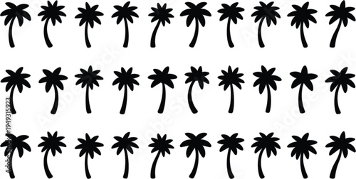 Title: Large collection of tropical palm tree vector silhouettes for summer, beach, and vacation theme designs.