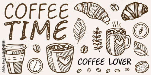 Hand drawn illustration of coffee croissants and related breakfast items