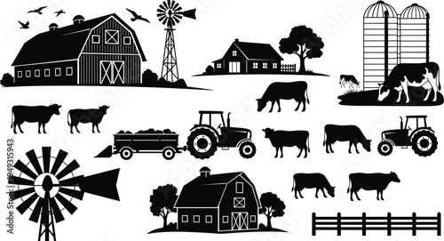 Farm life silhouettes vector set, barn windmill tractor cows and rural landscape elements collection, agriculture countryside icons illustration